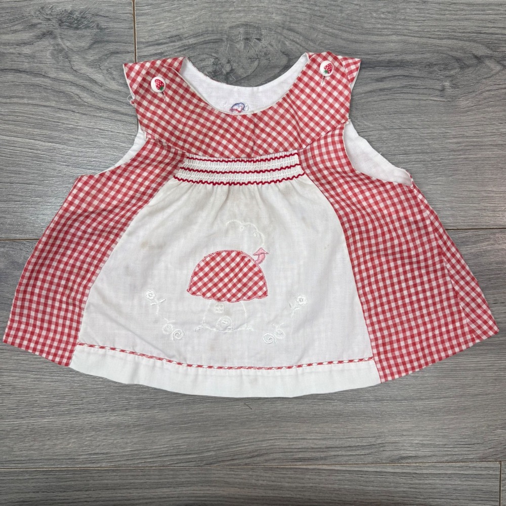 Vintage Red Gingham Mushroom House Baby Dress 3-6M Sleeveless Strawberry Button